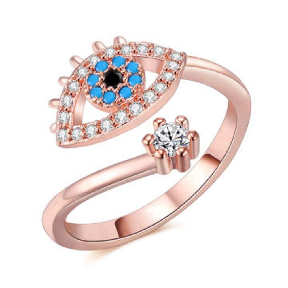 Evil Eye Adjustable Ring Blue White Black CZ Crystals Rose Gold Elegeant Stylish